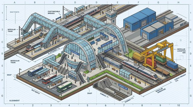 Concept art, not in-engine: isometric sheet of a modular station with footbridges, bus depot, subway entrance, warehouses and container gantry (some labels garbled)