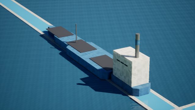Low-poly cargo ship with a white bridge block and dark hatch covers in a lighter-blue channel