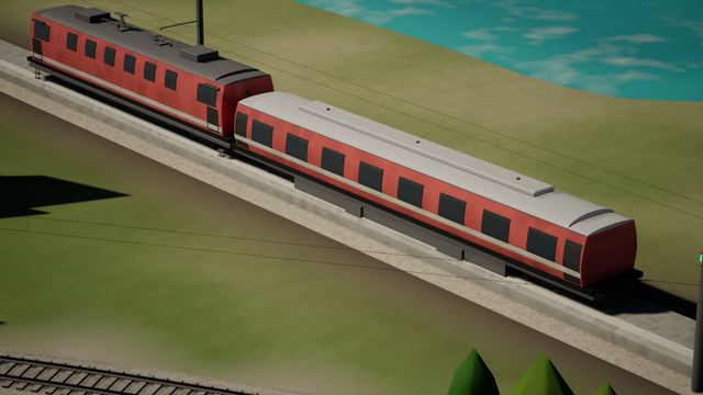 Red and grey electric railcars on a raised track with overhead wires, grass and water behind.
