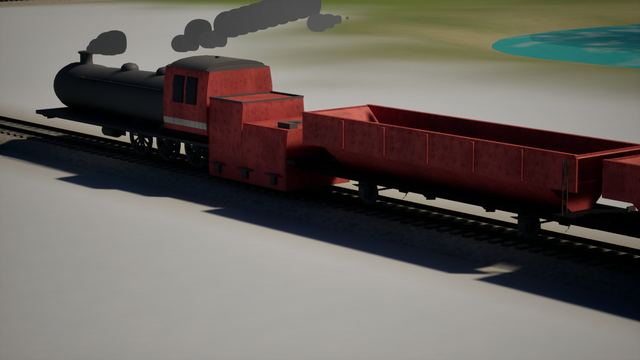 Close-up of a black and red steam locomotive hauling a coal wagon, with smoke rising.