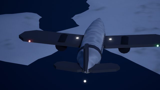 An aircraft at night seen from behind, a red light on the left wing tip and a green one on the right, over dark water