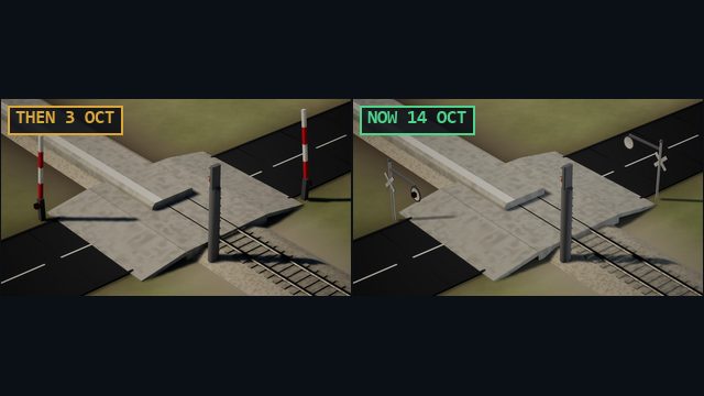 Level crossing then and now: red-and-white barriers on the left, warning discs and crossbucks on the right