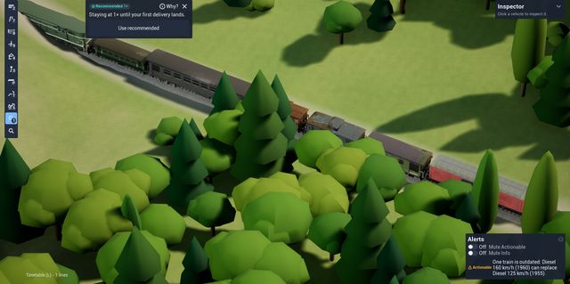 A green diesel, two coaches, three cabooses and a red wagon in one train winding through trees, seen from above