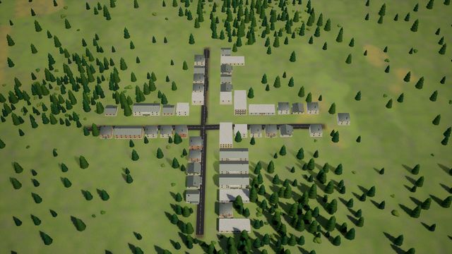 Overhead view of a small town: two crossing roads lined with grey and brick buildings in a pine forest