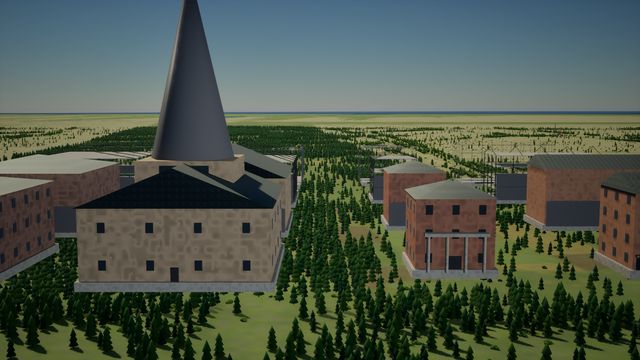 Low view of a stone church with a tall dark cone spire beside brick houses, pine forest and a flat horizon behind