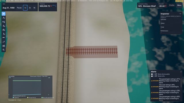 Red track preview across a coastal strip, with the curve-plan graph at lower left and a refusal message on top.