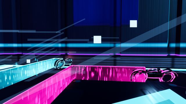 A courier run threading magenta and cyan walls down a long corridor