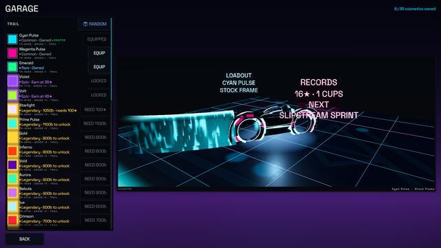 The garage screen showing unlockable trails and bike cosmetics