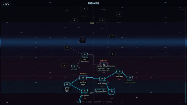 The branching campaign route map, with star gates and miniboss nodes