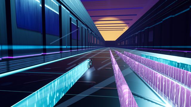 A pack of riders drafting down a neon highway corridor at speed