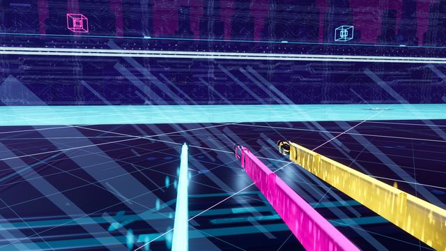 Cyan, gold and magenta walls converging as the arena closes in